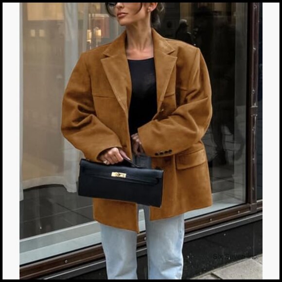 Faux Suede Leather Blazer Jacket Oversized Bomber Coat Fall Winter - Picture 3 of 5